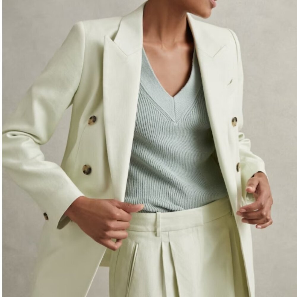 REISS Dianna Double‑Breasted Linen Blend Suit Blazer – Mint – Size 2 (NWT)